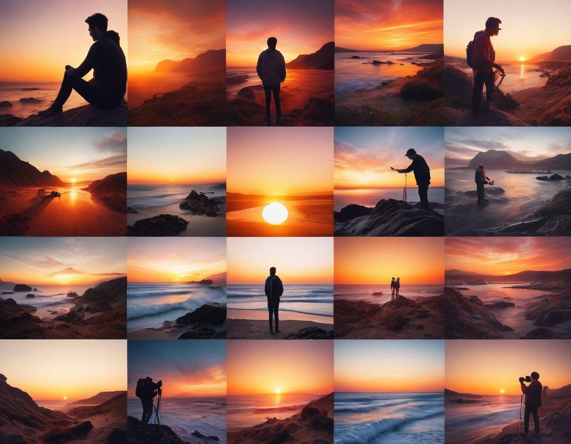 A stunning collage showcasing various photography techniques, with a vibrant sunset, candid portraits, and dynamic action shots. Incorporate elements like camera equipment, editing software, and mesmerizing landscapes to emphasize visual storytelling. The composition should evoke emotion and creativity, with an artist delicately adjusting the camera settings. super-realistic. vibrant colors. white background.