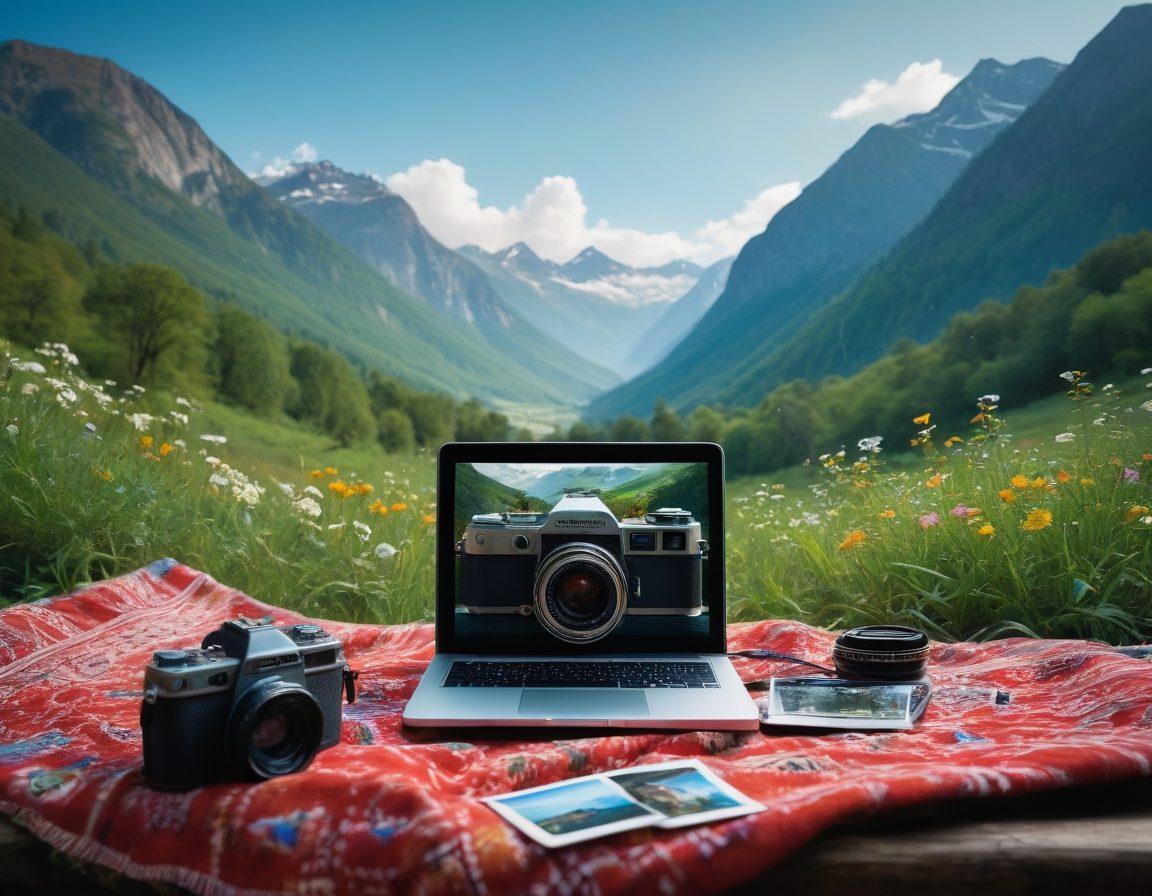 An inspirational scene featuring a diverse group of photographers in various settings, capturing stunning landscapes and portraits, with cameras of different styles and eras. Incorporate elements like camera gear spread out on a picnic blanket, a laptop showing photo editing in progress, and vivid nature in the backdrop. The atmosphere exudes creativity and collaboration, highlighting the art of photography. painterly, vibrant colors, super-realistic.