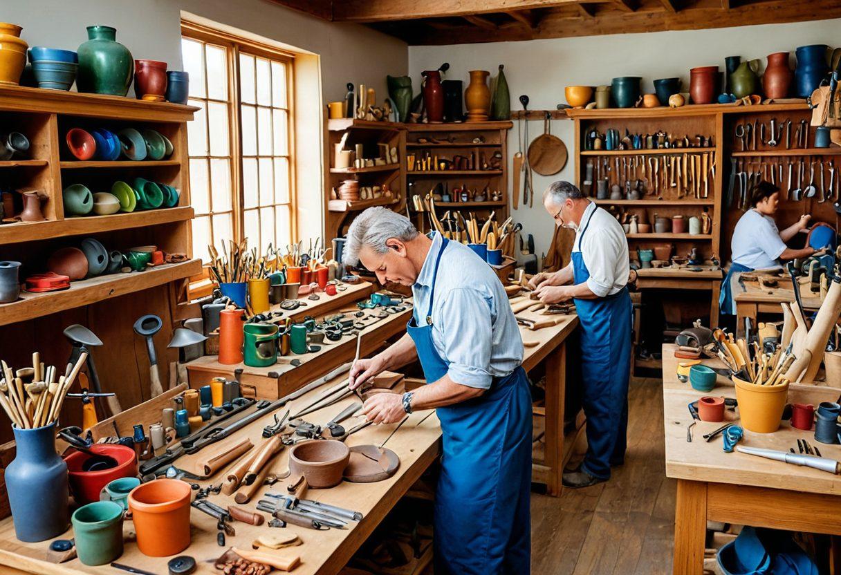 A skilled artisan at work in a vibrant workshop filled with tools and materials, showcasing a montage of techniques in progress. Include a diverse array of hands engaged in various crafts, illuminating their mastery with bright, eye-catching colors. The scene should convey a sense of creativity and learning, with an inspiring atmosphere and motivational quotes subtly integrated into the background. super-realistic. vibrant colors. white background.